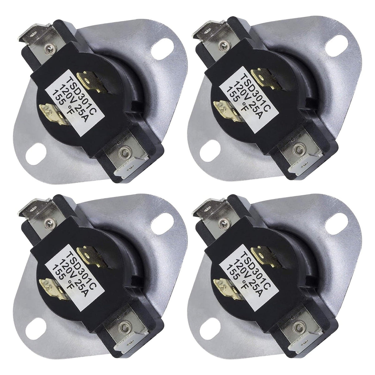 Set of four WP3387134 dryer cycling thermostats for Whirlpool and Kenmore dryers.