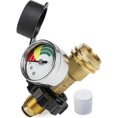 POL propane tank adapter with integrated pressure gauge and QCC1 connector for 100 lb propane tanks.