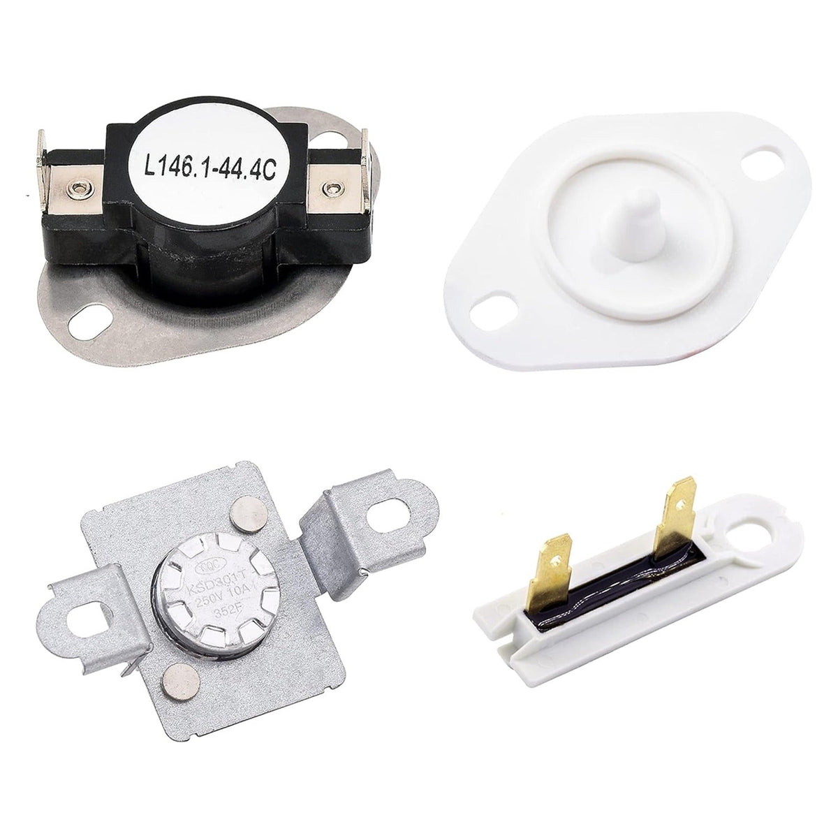 Replacement thermal cut-off fuse kit for Whirlpool and Kenmore dryers including four distinct thermostat components.