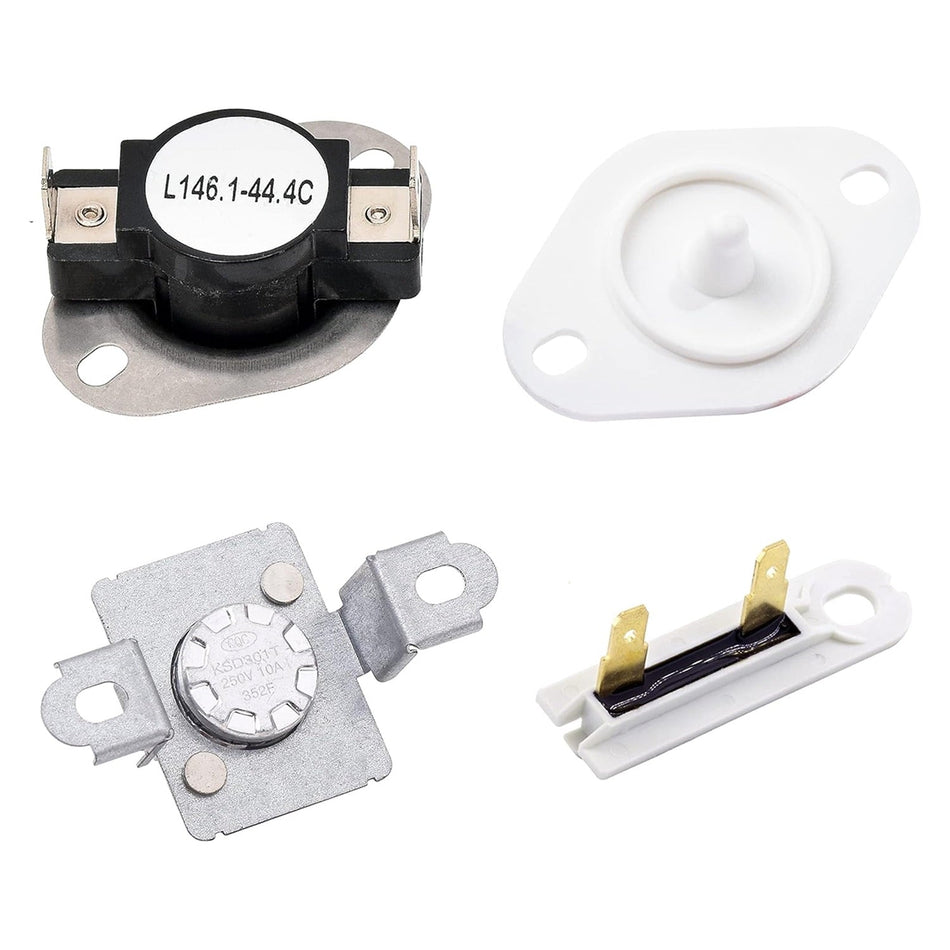 Replacement thermal cut-off fuse kit for Whirlpool and Kenmore dryers including four distinct thermostat components.