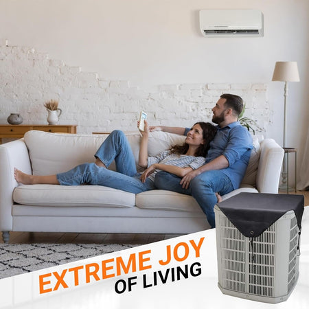 Black 600D Oxford central air conditioner cover installed on an outdoor unit next to a couple relaxing on a sofa.