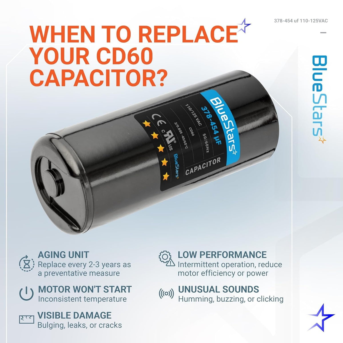 BlueStars 378-454 uF 110-125 VAC round motor start capacitor replacement guide infographic.