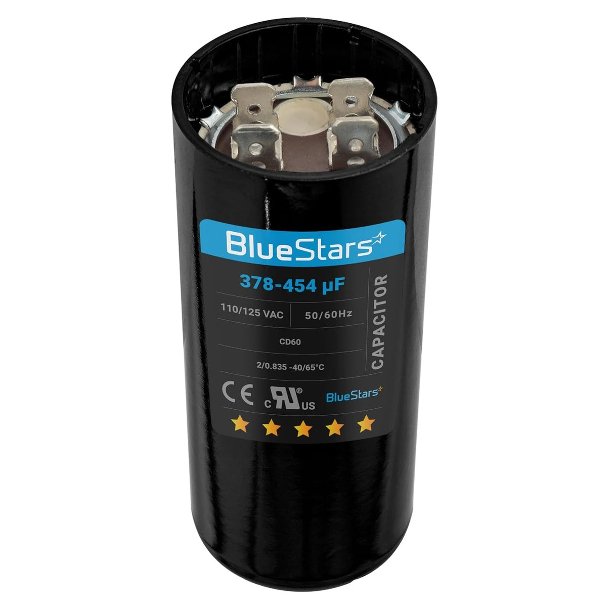 Black round motor start capacitor 378-454 uF 110-125 VAC for single-phase motors.