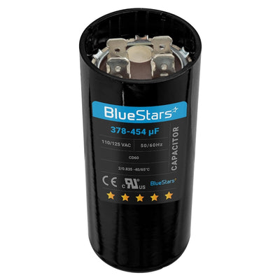 Black round motor start capacitor 378-454 uF 110-125 VAC for single-phase motors.