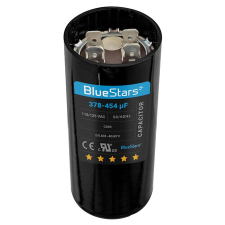 Black round motor start capacitor 378-454 uF 110-125 VAC for single-phase motors.