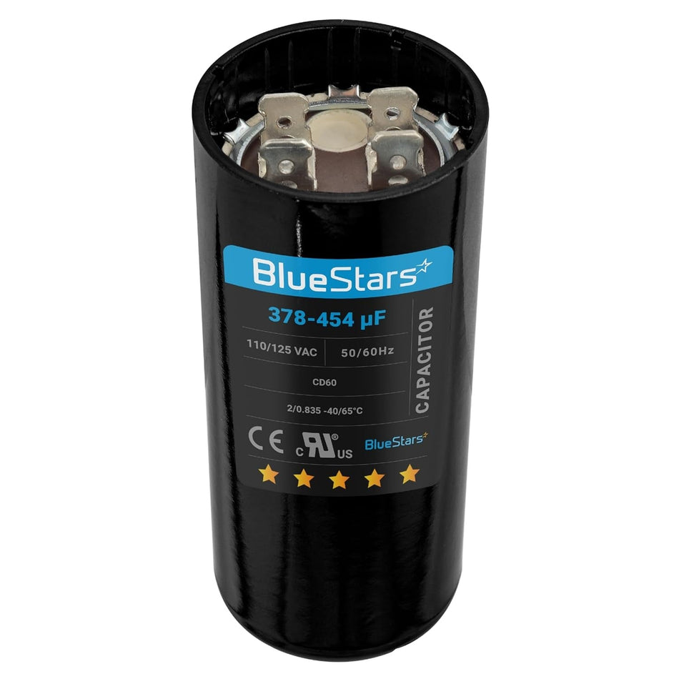 Black round motor start capacitor 378-454 uF 110-125 VAC for single-phase motors.