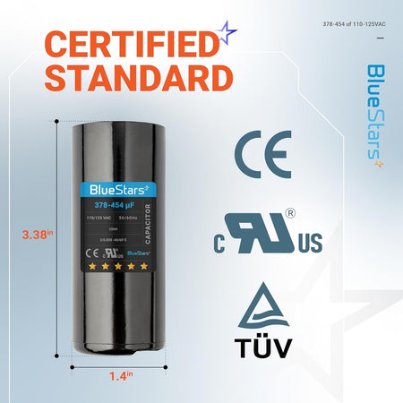 378-454 uF 110-125 VAC round motor start capacitor with 3.38-inch height and 1.4-inch diameter dimensions.
