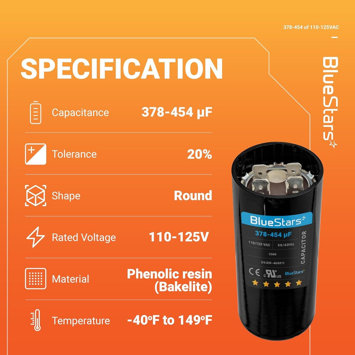 Specification chart for 378-454 uF 110-125 VAC round motor start capacitor with technical details.