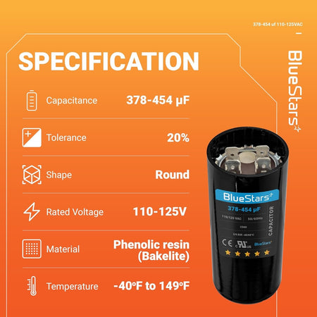 Specification chart for 378-454 uF 110-125 VAC round motor start capacitor with technical details.
