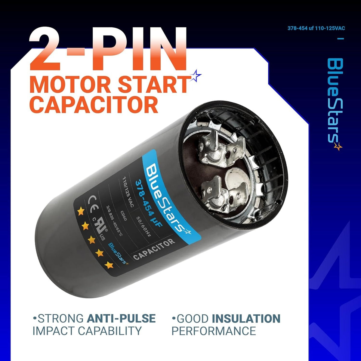 BlueStars 378-454 uF 110-125 VAC 2-pin round motor start capacitor for single-phase motors.