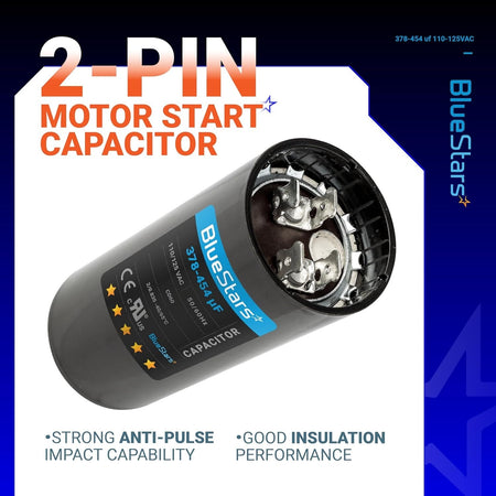 BlueStars 378-454 uF 110-125 VAC 2-pin round motor start capacitor for single-phase motors.
