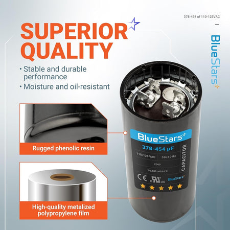 BlueStars 378-454 uF 110-125 VAC round motor start capacitor with phenolic resin casing and metalized film details.