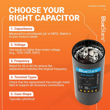 Infographic showing 378-454 uF 110-125 VAC round motor start capacitor selection guide.