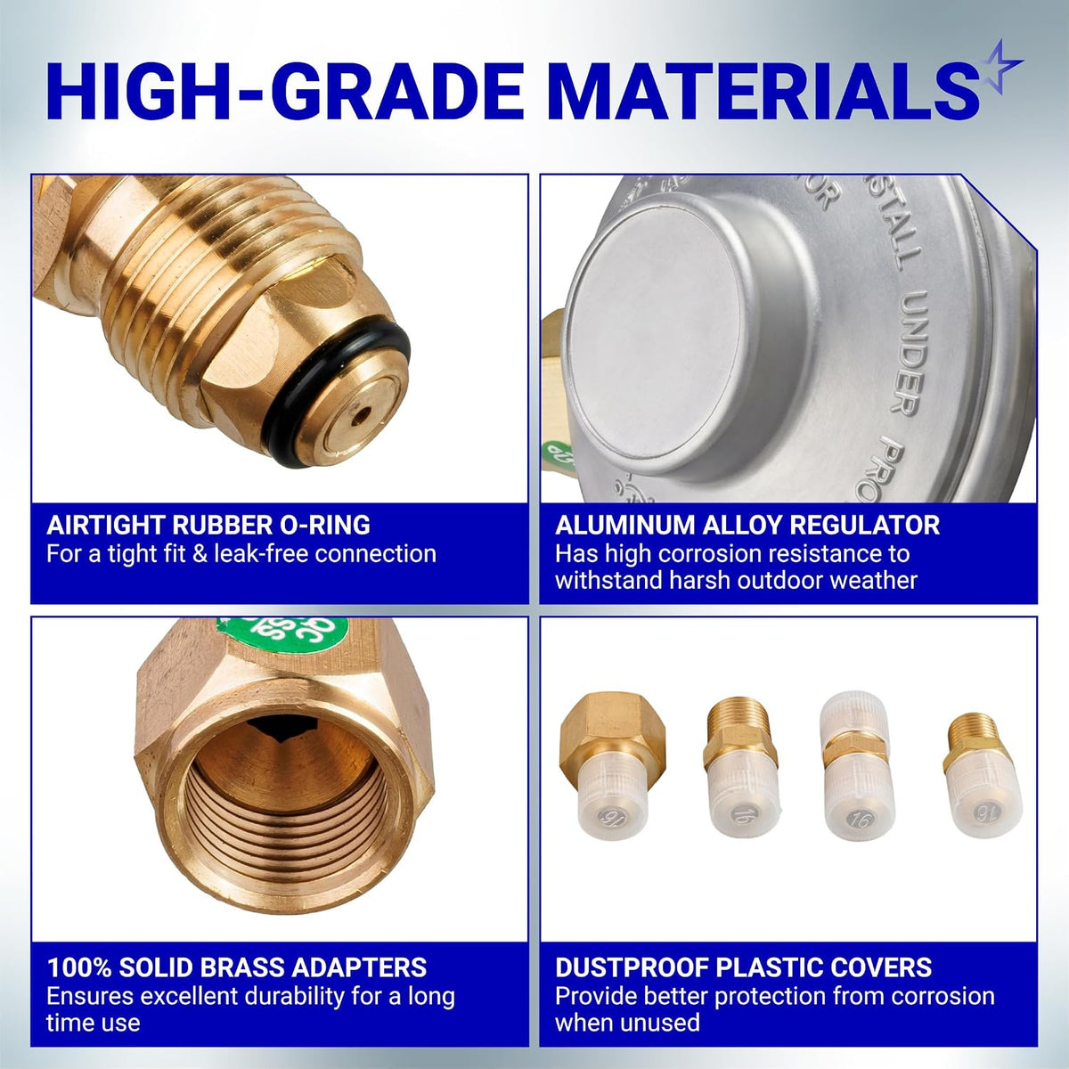 F276136 Propane Low Pressure Regulator 11" W.C., high-grade materials collage showing O-ring, aluminum body and brass adapter