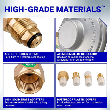 F276136 Propane Low Pressure Regulator 11" W.C., high-grade materials collage showing O-ring, aluminum body and brass adapter