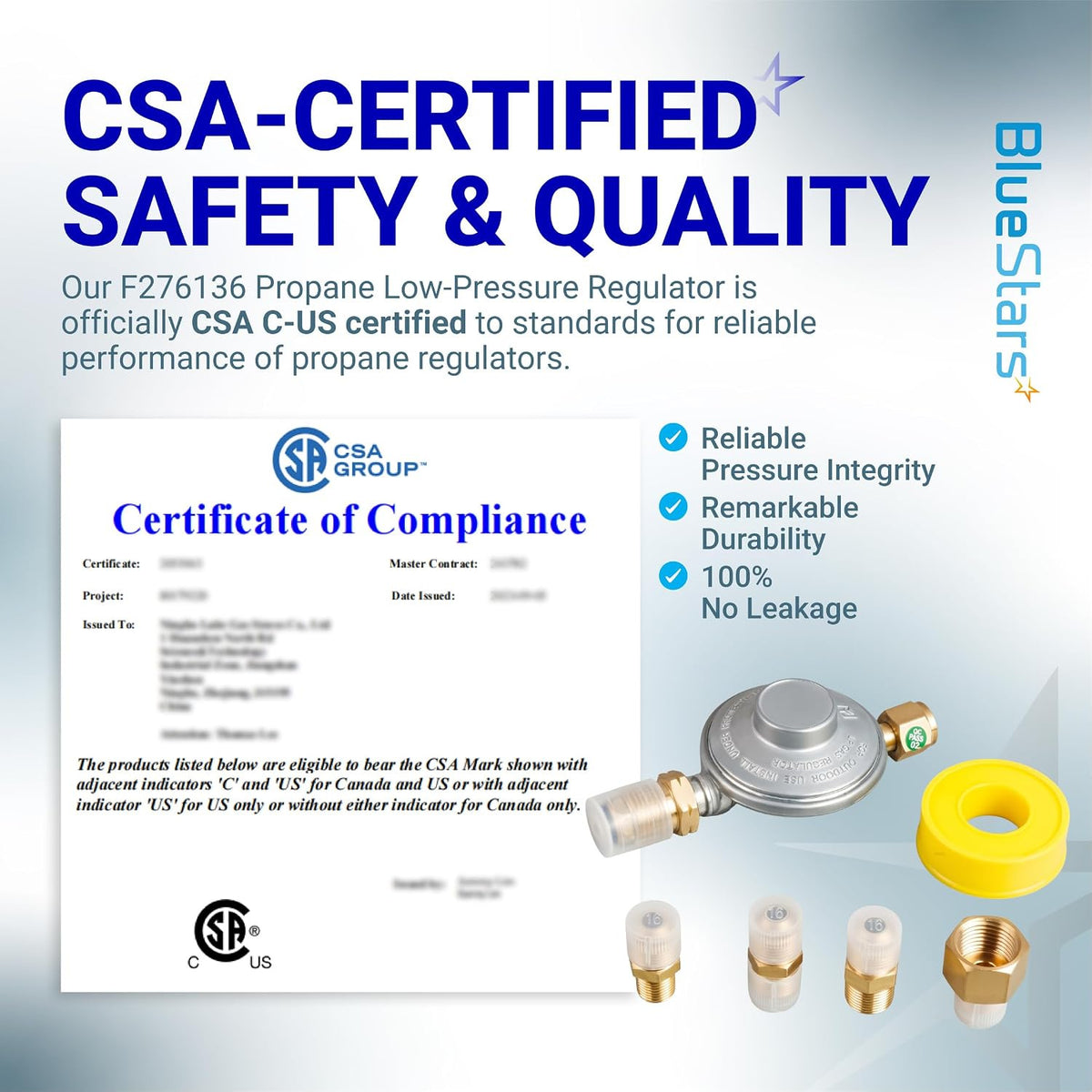 F276136 CSA Certified Propane Low Pressure Regulator 11 in. W.C.—CSA certificate, regulator, and fittings shown