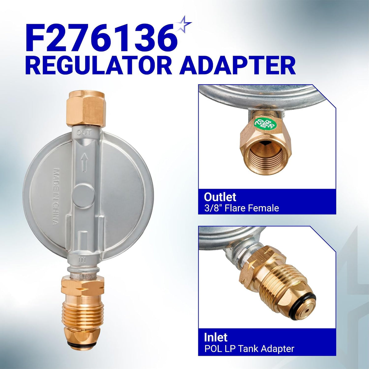 F276136 Propane Low Pressure Regulator adapter showing 3/8" flare female outlet and POL LP tank adapter inlet