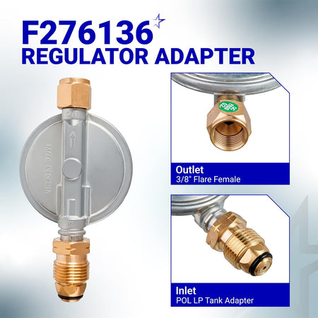 F276136 Propane Low Pressure Regulator adapter showing 3/8" flare female outlet and POL LP tank adapter inlet