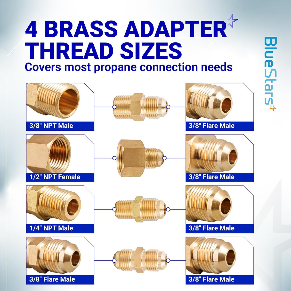 F276136 Propane Low Pressure Regulator, diagram showing four brass adapters and labeled thread sizes