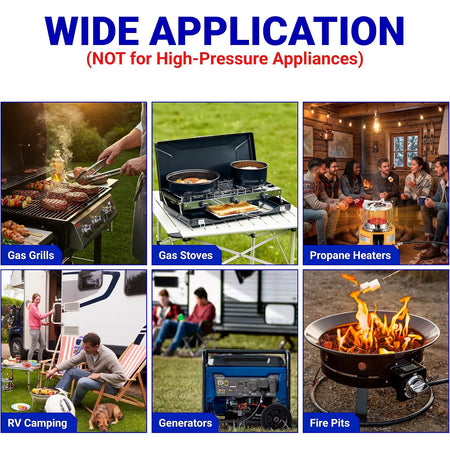 F276136 propane low pressure regulator, wide application graphic for gas grills, stoves, heaters, RVs, generators and fire pi