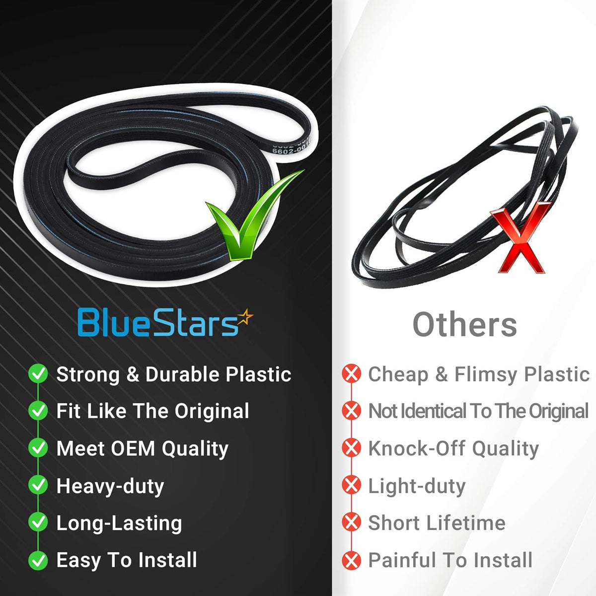 Comparison chart showing 6602-001655 dryer drum belt quality versus generic alternatives.