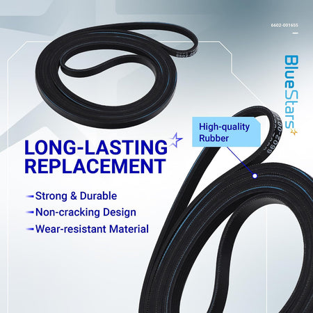 6602-001655 Dryer Drum Belt, graphic showing coiled black belts with long-lasting replacement text
