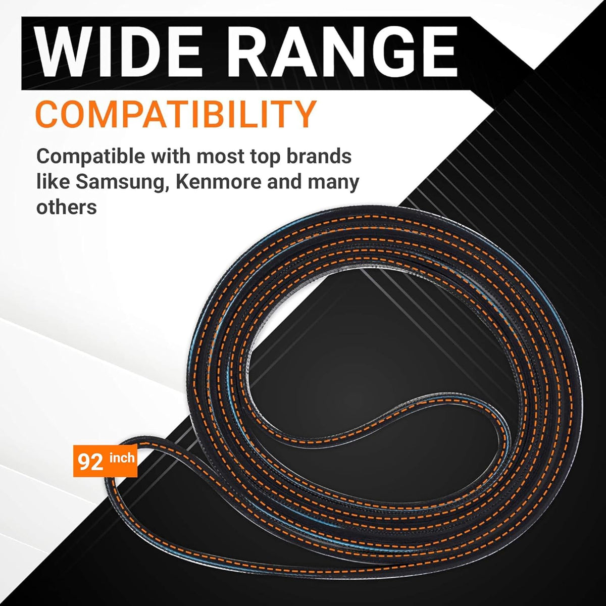 92-inch dryer drum belt for Samsung and Kenmore dryers with wide compatibility graphic.