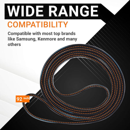 92-inch dryer drum belt for Samsung and Kenmore dryers with wide compatibility graphic.