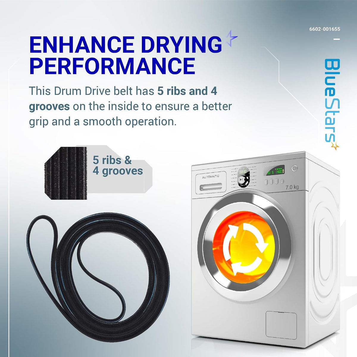 6602-001655 Dryer Drum Belt - belt shown with 5 ribs and 4 grooves beside a dryer illustration