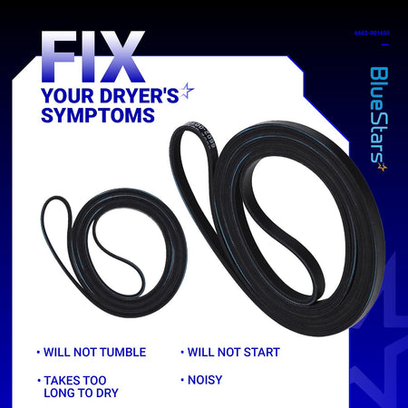 6602-001655 Dryer Drum Belt graphic showing two belts and listed dryer symptoms