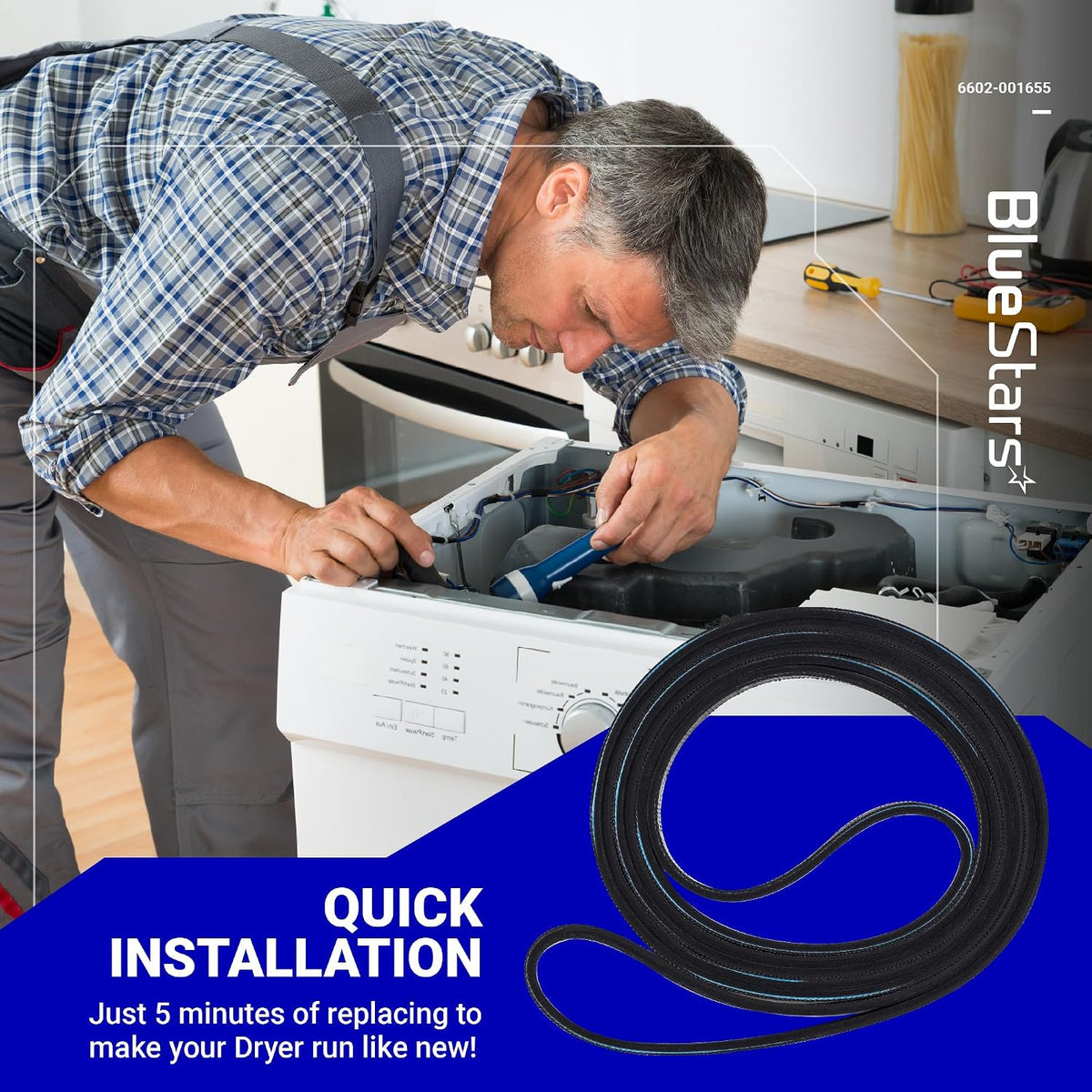6602-001655 Dryer Drum Belt shown beside a technician repairing an open dryer with quick installation text