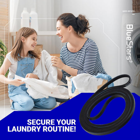 6602-001655 Dryer Drum Belt shown coiled in a laundry-themed promotional graphic