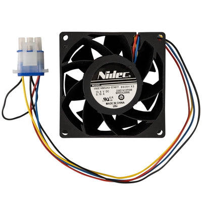 GE refrigerator evaporator fan motor WR60X26866 with wiring harness and connector plug.