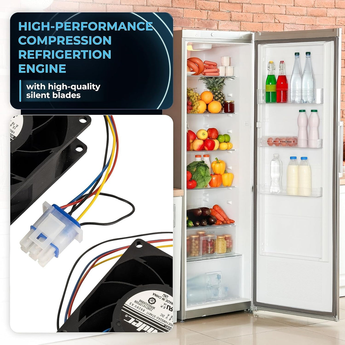 WR60X26866 refrigerator evaporator fan motor with wiring harness and connector shown next to a stocked refrigerator.