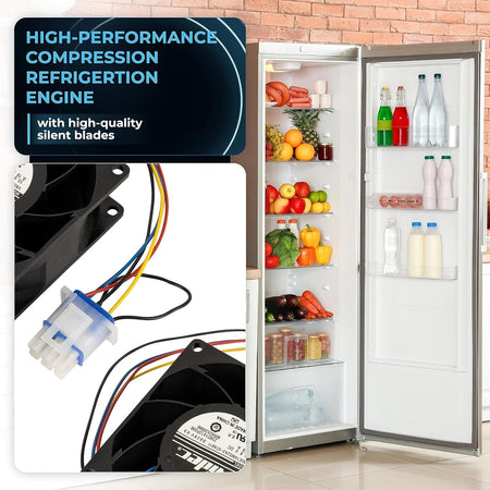 WR60X26866 refrigerator evaporator fan motor with wiring harness and connector shown next to a stocked refrigerator.