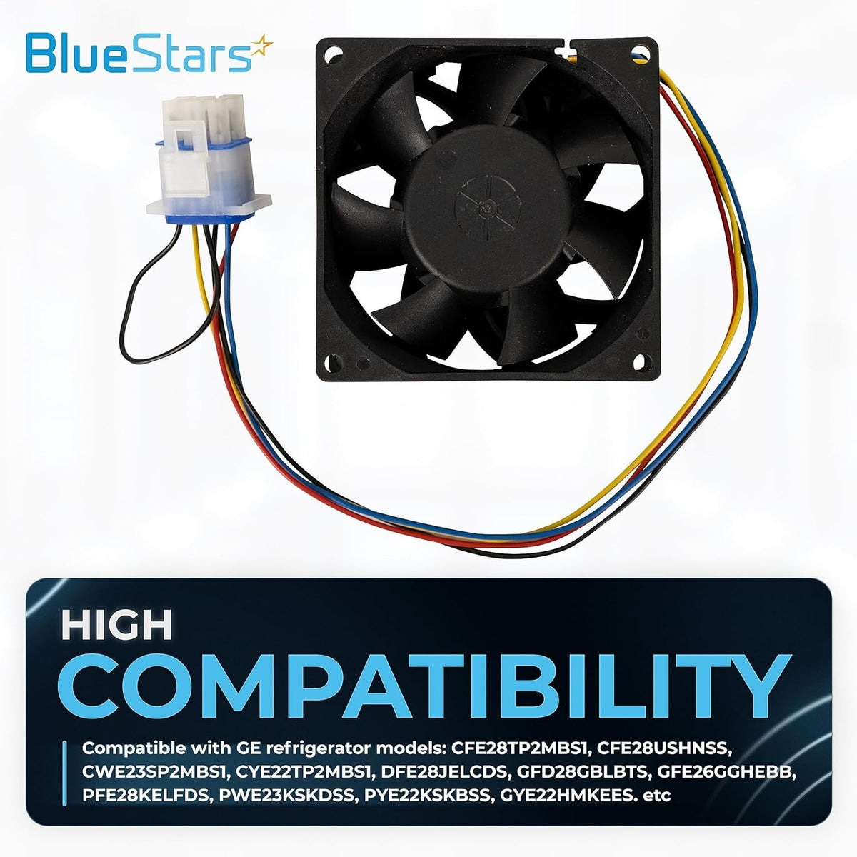 WR60X26866 refrigerator evaporator fan motor with wiring harness and connector for GE refrigerators.