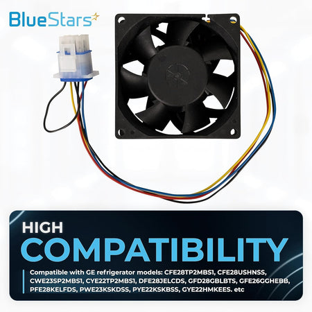 WR60X26866 refrigerator evaporator fan motor with wiring harness and connector for GE refrigerators.