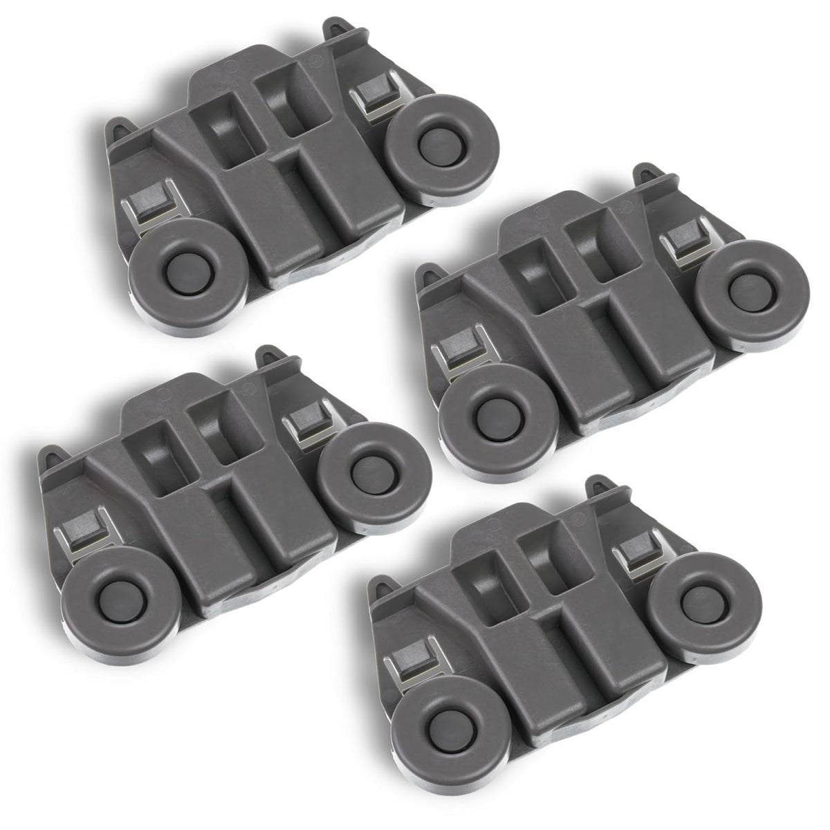 Set of four grey W10195417 dishwasher lower rack wheel assemblies for Whirlpool and Kenmore appliances.