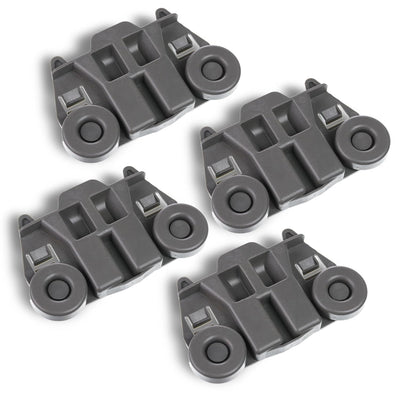 Set of four grey W10195417 dishwasher lower rack wheel assemblies for Whirlpool and Kenmore appliances.
