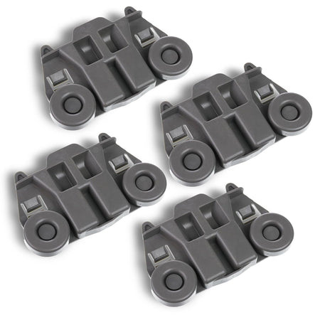 Set of four grey W10195417 dishwasher lower rack wheel assemblies for Whirlpool and Kenmore appliances.