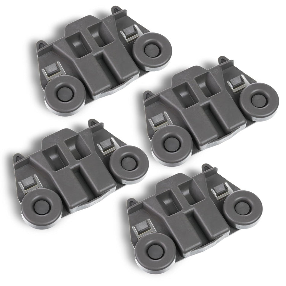 Set of four grey W10195417 dishwasher lower rack wheel assemblies for Whirlpool and Kenmore appliances.