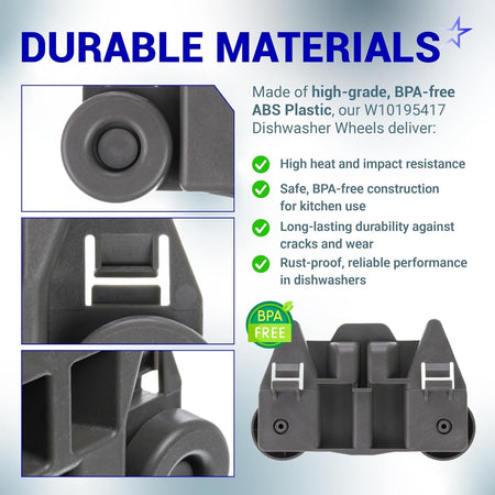 Infographic showing durable BPA-free material features of W10195417 dishwasher lower rack wheels.