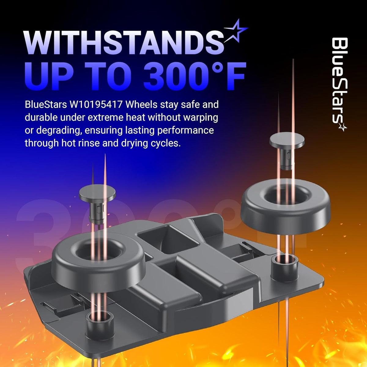 W10195417 dishwasher lower rack wheel assembly showing heat resistance up to 300 degrees Fahrenheit.