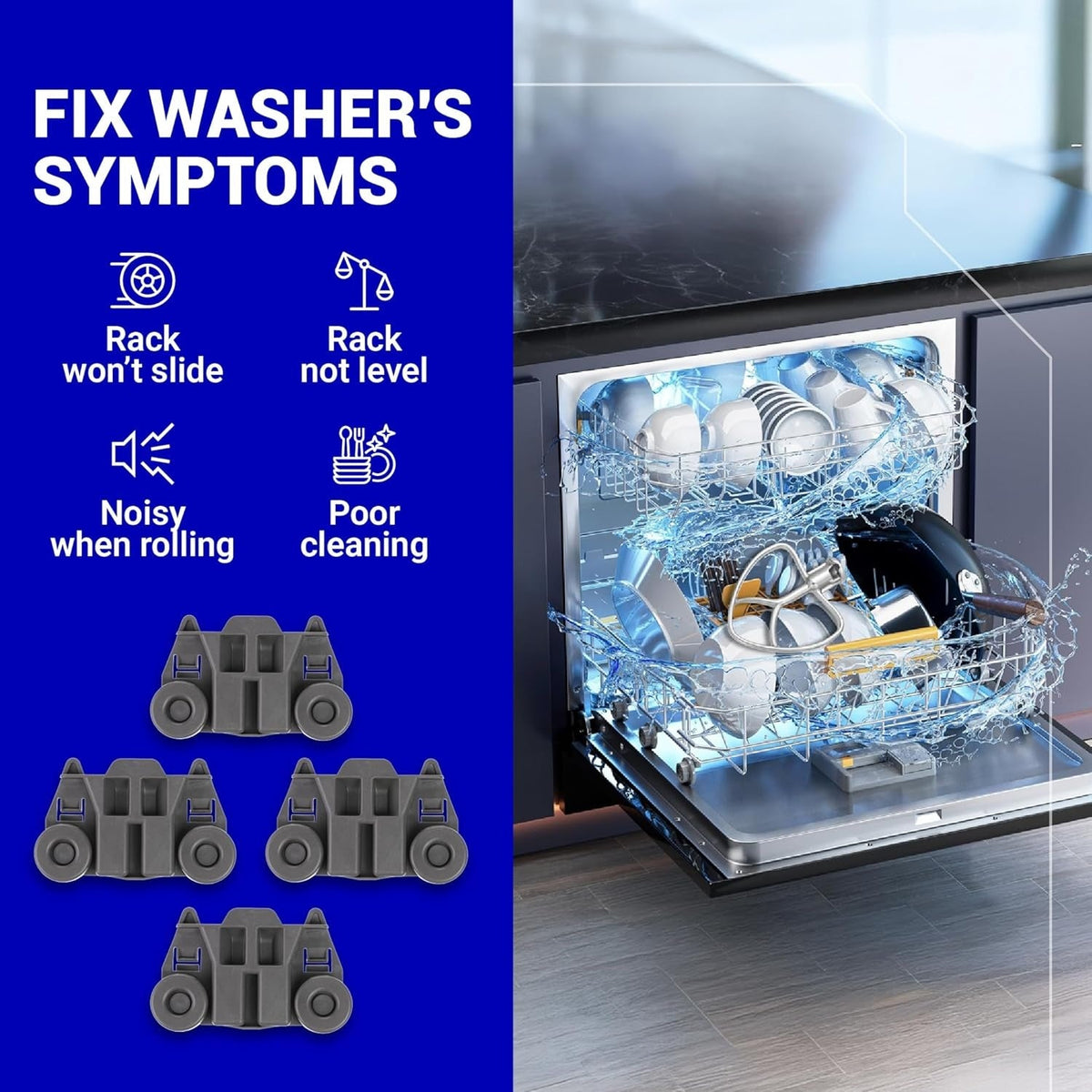 Infographic showing W10195417 dishwasher lower rack wheels and common repair symptoms for Whirlpool and Kenmore appliances.