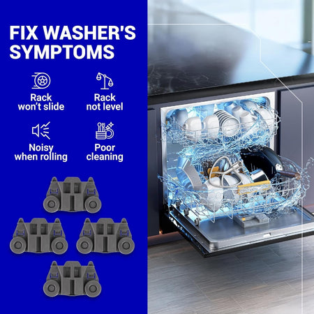 Infographic showing W10195417 dishwasher lower rack wheels and common repair symptoms for Whirlpool and Kenmore appliances.
