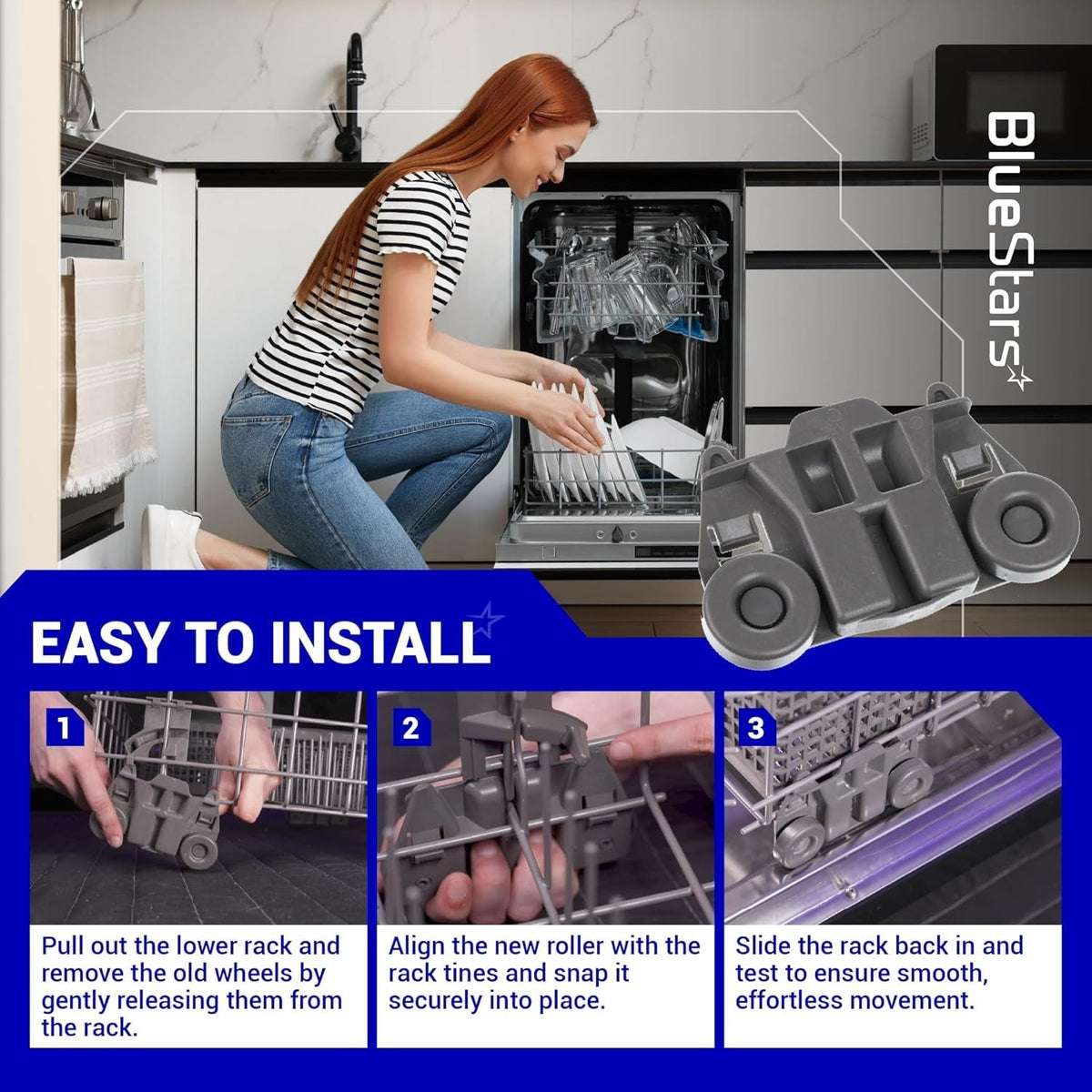 Instructional graphic showing how to install W10195417 dishwasher lower rack wheels with step-by-step images.