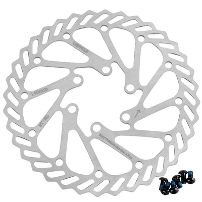 140mm stainless steel bike disc brake rotor with six mounting bolts isolated on white background.