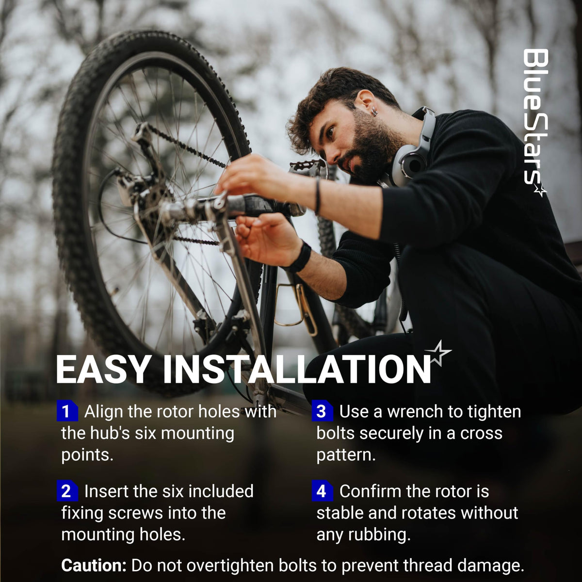 Cyclist installing a 140mm stainless steel disc brake rotor on a bike wheel using 6 bolts with step-by-step instructions.