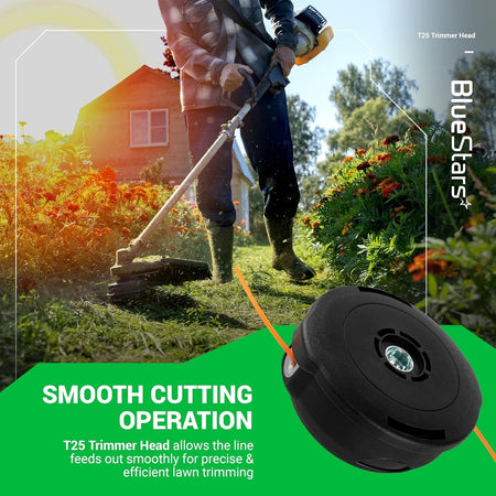 T25 trimmer head replacement for Husqvarna string trimmers shown in a garden setting with smooth cutting operation text.