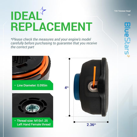 T25 trimmer head dimensions showing 4-inch diameter, 2.36-inch height, 0.095-inch line, and M10x1.25 LH thread.